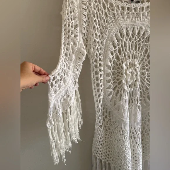 ASHA Crochet Knit Boho Fringe Tunic Handcrafted Look Beach Festival Cover Up S - Picture 3 of 5